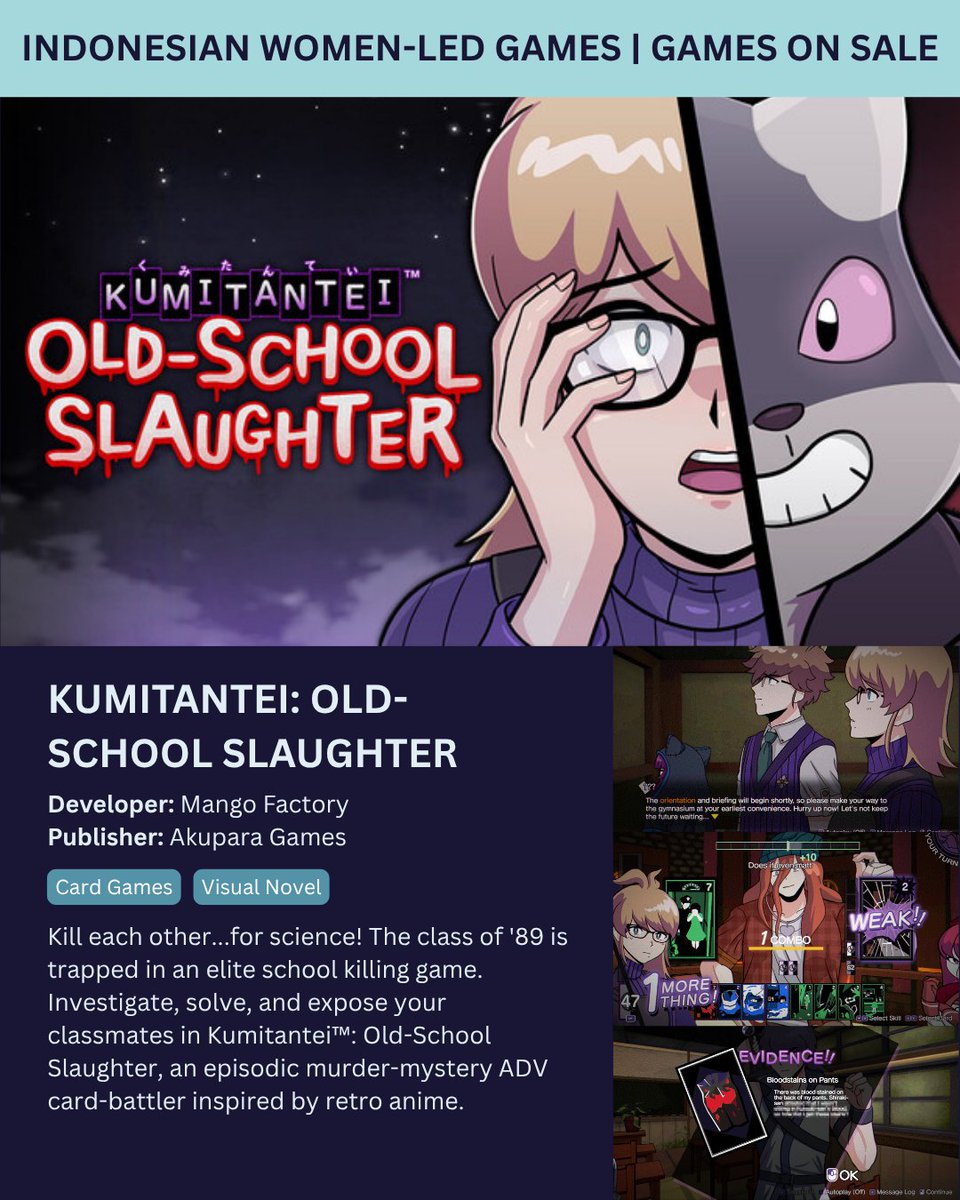gamesfromID's tweet photo. Two titles from Indonesia are part of the Women-Led Games showcase at Summer Games Fest 2026. 

K-Pop Idol Stories: Road to Debut by Wisageni Studio and Kumitantei: Old-School Slaughter by Mango Factory. The showcase streams on June 4 at 4PM PT / 7PM ET. https://t.co/5b8qQJYfmT