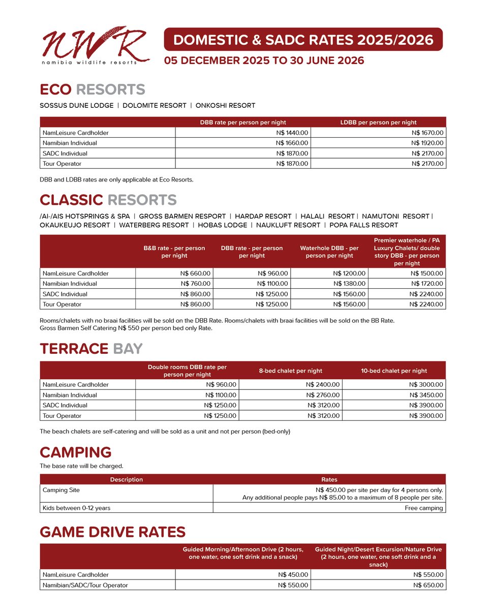 NWRNamibia's tweet photo. Book your holiday with our special domestic &amp; SADC Rates. Book from the 5th December 2025 to 30 June 2026 and discover Namibia.

#NWRMemories #domesticrates #sadacrates #TravelWithNWR #Namibia #Africa #travelafrica #travel #tourist #NWR #instatravel #NWRMoments https://t.co/aSwTAISRJD