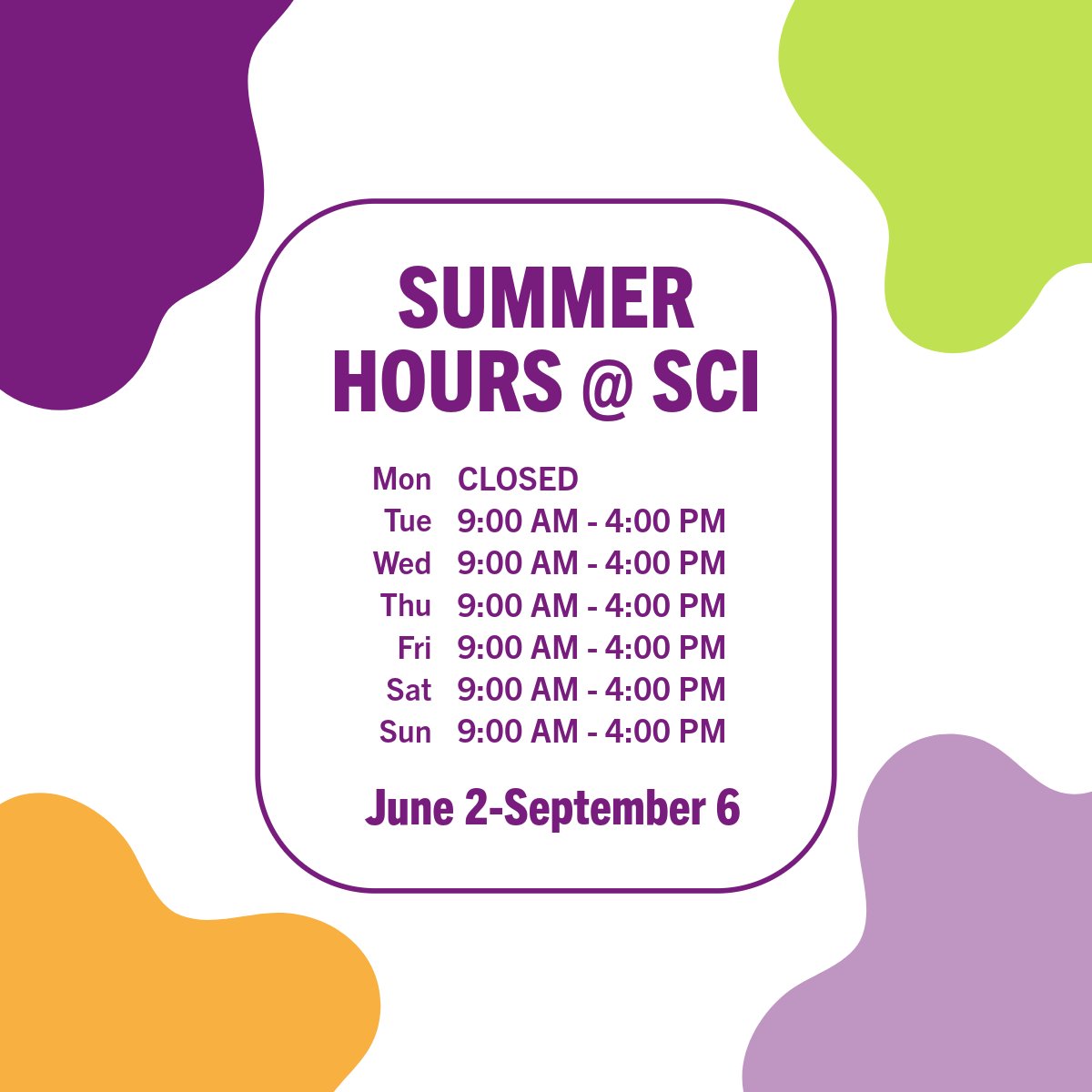 SCIOWA's tweet photo. Summer hours @ SCI are here!🌞 Join us Tuesdays–Sundays from 9:00 AM–4:00 PM for a summer full of science fun! https://t.co/cDML1kXbyG