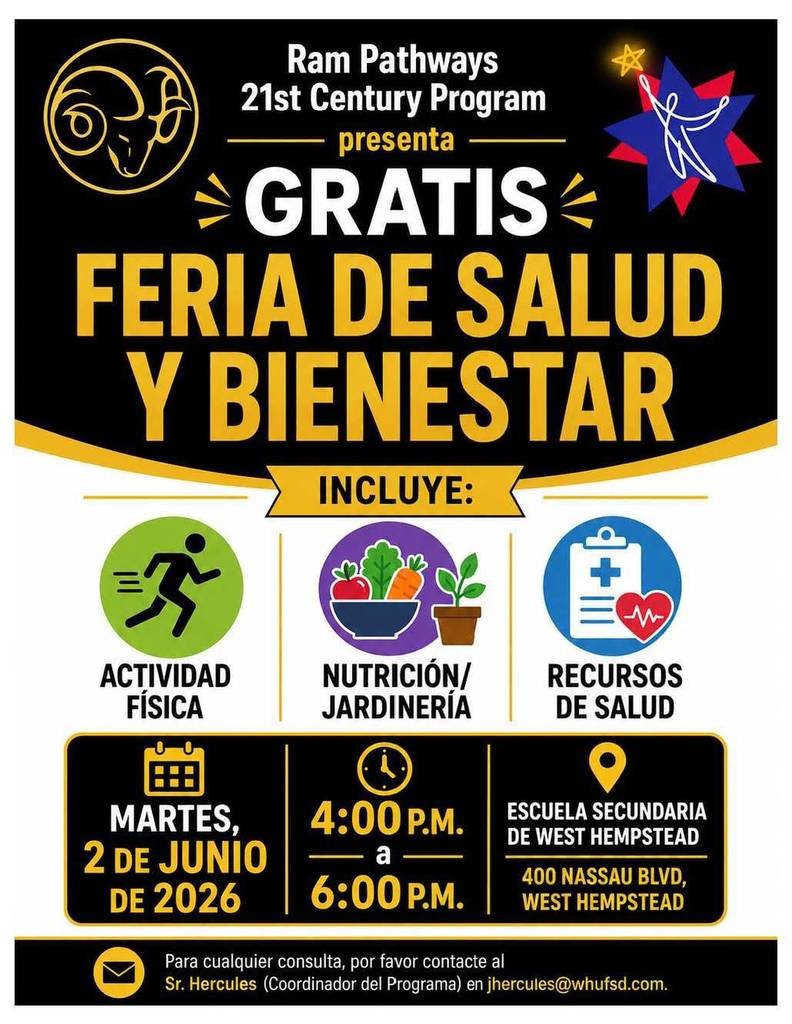 WHChestnut's tweet photo. 🌟 FREE Health &amp; Wellness Fair! Join us Tuesday, June 2nd, 2026 from 4–6 PM at West Hempstead Secondary School. Fitness, nutrition, gardening &amp; health resources await! 💪🥗 Hosted by Ram Pathways 21st Century Program. Questions? Email cwhite@whufsd.com https://t.co/HfHvaW38uB