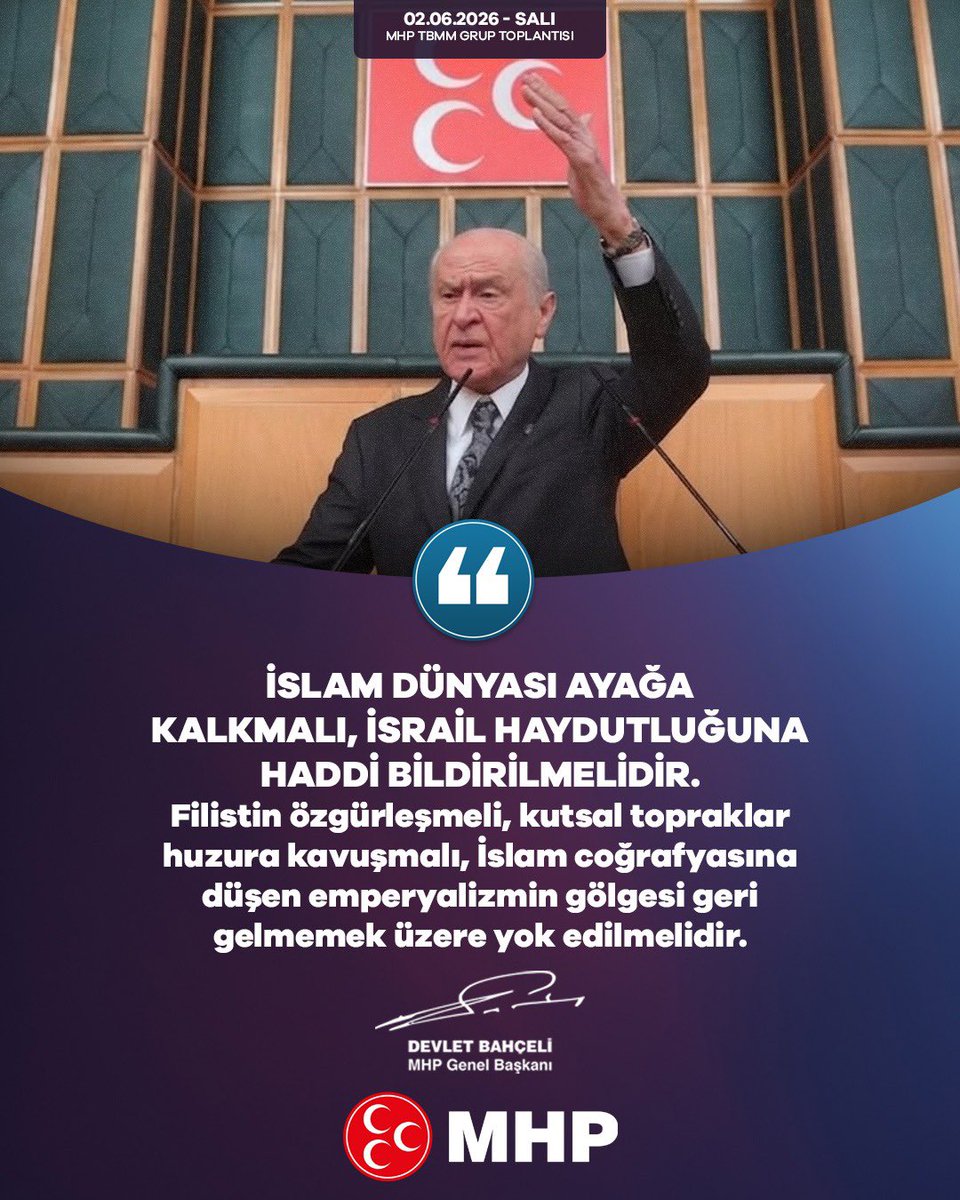 TatarHummet's tweet photo. İslam dünyası ayağa kalkmalı, İsrail haydutluğuna haddi bildirilmelidir.
Filistin özgürleşmeli, kutsal topraklar huzura kavuşmalı, İslam coğrafyasına düşen emperyalizmin gölgesi geri gelmemek üzere yok edilmelidir.

MHP Genel Başkanı
Devlet BAHÇELİ https://t.co/rDhuZWYBEX