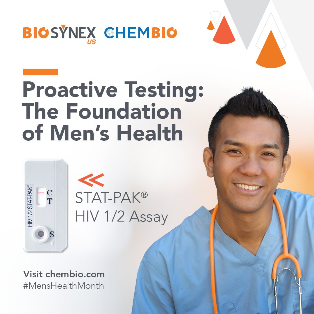ChembioDx's tweet photo. 𝗝𝘂𝗻𝗲 𝗶𝘀 𝗠𝗲𝗻’𝘀 𝗛𝗲𝗮𝗹𝘁𝗵 𝗠𝗼𝗻𝘁𝗵—a reminder that accessible diagnostic testing plays an important role in supporting proactive healthcare and patient engagement.

Learn more about STAT-PAK®: https://t.co/whRDkFBDoY

#BioSynexUS #Chembio #MensHealthMonth #STATPAK https://t.co/87thYJT8eC