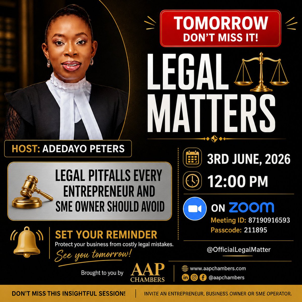 aapchambers's tweet photo. TOMORROW ON LEGAL MATTERS!

Are you an entrepreneur or SME owner?

Don't miss this practical discussion on:

⚖️ Legal Pitfalls Every Entrepreneur and SME Owner Should Avoid

📅 Tomorrow
🕛 12:00 PM
📍 Zoom

🆔 87190916593
🔐 211895 https://t.co/zga0Xov4Mi