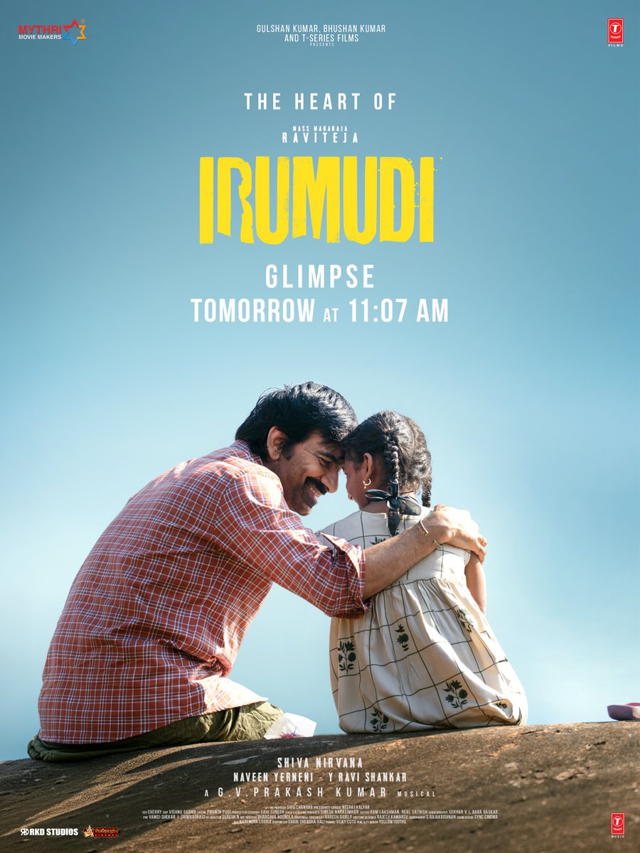 MythriOfficial's tweet photo. A video glimpse that will fill your heart ❤️

'The Heart of #Irumudi' glimpse out tomorrow at 11.07 AM ✨

#IRUMUDI / #ఇరుముడి 

Starring MASS MAHARAJA @RaviTeja_offl

A @ShivaNirvana film 🎬

A @gvprakash musical 🎺🎼

@priya_Bshankar @MythriOfficial @saikumaractor #BabyNakshathra #VishnuSharma @sahisuresh @PrawinPudi @srinu10477 #BhushanKumar #KrishanKumar @ShivChanana @neerajkalyan_24  @TSeries @tseriessouth