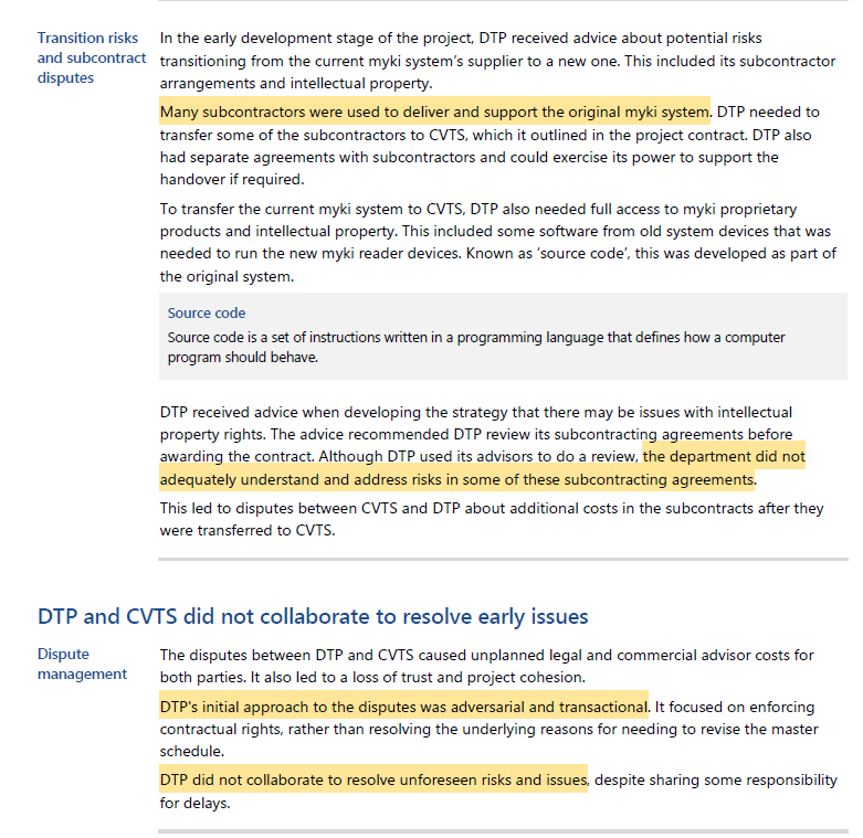 adrivalue's tweet photo. Fun facts:

Some of the delays and cost overruns were caused by the ineptitude of the Department of Transport and Planning (DTP), which, among other things, was unable to deliver the source code to $CNDT that was needed to run the new myki reader devices

"Many subcontractors were used to deliver and support the original myki system" => I bet that DTP's contracts did not include the delivery of the source code to DTP and/or that some of these subcontractors no longer exist, so some parts of the code have probably been lost

"DTP's initial approach to the disputes was adversarial and transactional" ⚔️

"DTP did not collaborate to resolve unforeseen risks and issues" 🤷‍♂️

DTP is offseting some of the cost overruns with "unclaimed myki card balances and interest from those balances"  🥷