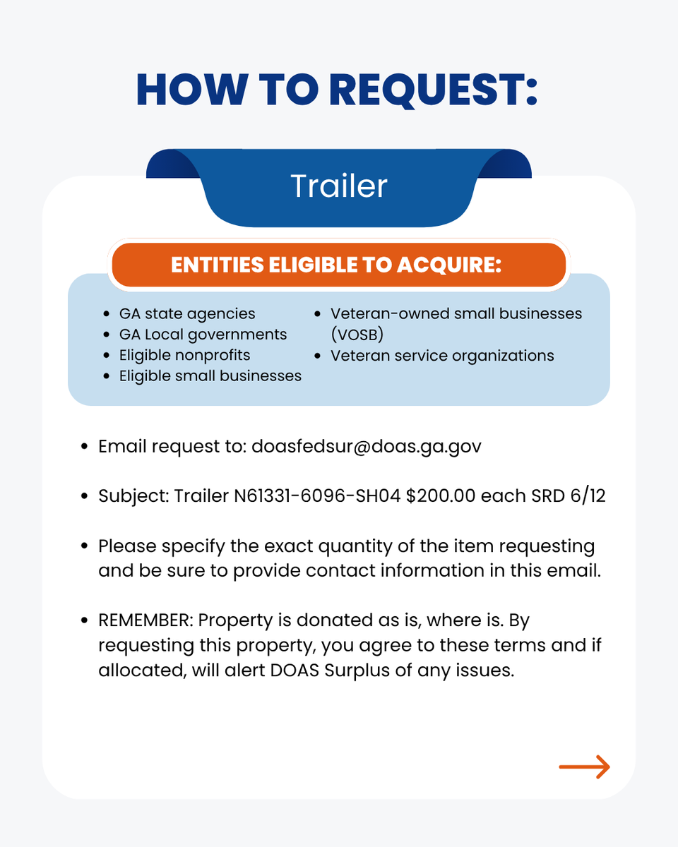 GAStateSurplus's tweet photo. Request this Trailer from GA DOAS Surplus by June 12! Email doasfedsur@doas.ga.gov with item name, quantity, and contact info. Must be enrolled in the GA Surplus Property Program. #SurplusProperty #GeorgiaDOAS #Trailer https://t.co/PE62Pp7Ij5