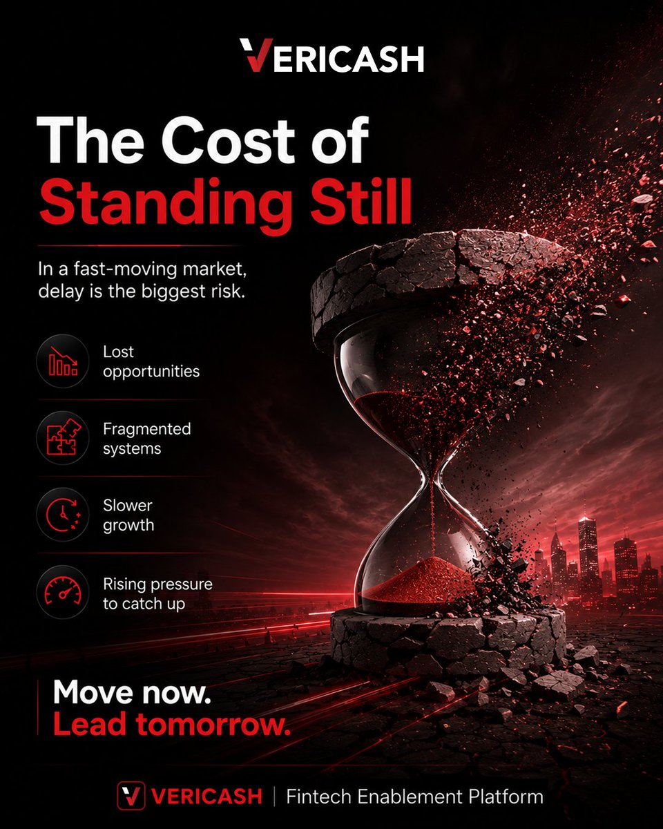 citvericash's tweet photo. Standing still isn’t neutral.

It’s a risk.

In fintech, delay =
 → Lost relevance
 → Slower growth
 → More complexity

Winners aren’t building more.

They’re moving faster.

Can you keep up?

#Fintech #DigitalTransformation #CITVERICASH #FintechEnablement #AfricaFintech https://t.co/7oTtScK65A