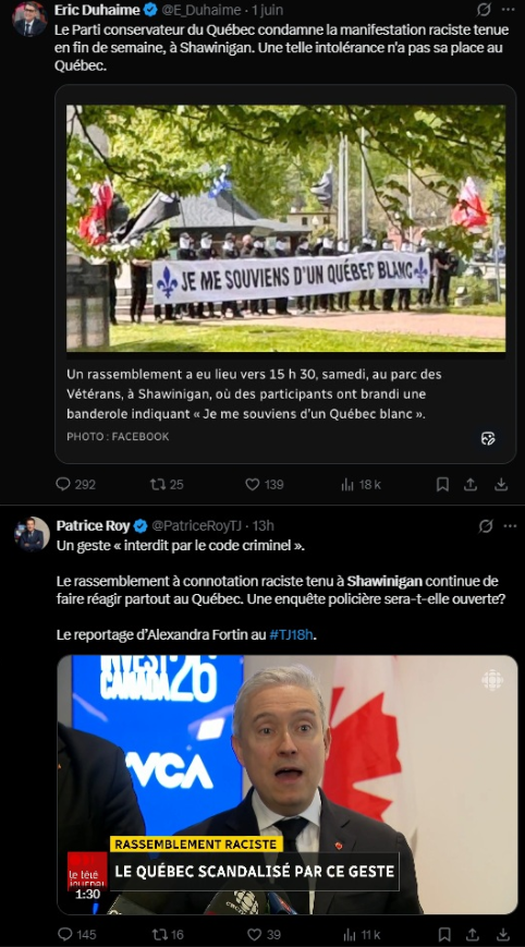 RobLassonde's tweet photo. Donc, en gros, on y retrouve un microcosme de la société. Maintenant, voulez-vous me faire croire que le ratio de commentaires sous ces publications est le seul fait des « méchants extrémistes québécois » ? La réalité, c'est que si l'on fait abstraction des motivations et des objectifs de ce groupe pour ne prendre la phrase que pour ce qu'elle est, il n'y a pas grand monde qui soit vraiment choqué par ce qui est écrit sur cette banderole, qu'on soit d'accord ou pas. Par contre, le signalement de vertu des politiciens et la tempête médiatique pour un événement aussi ridicule ont frustré beaucoup de gens, du fait que ça fait des mois, sinon des années, que vous n'osez pas parler, non seulement des propos racistes envers le peuple fondateur, mais qu'en plus, vous marchez sur des œufs quand vient le temps de dénoncer des comportements criminels et violents, encore une fois disproportionnellement perpétrés par des minorités immigrées. Il ne faudrait surtout pas les froisser, n'est-ce pas ? Et puisque vous parlez de lâcheté, la population en a précisément marre de celle des politiciens face aux dérives directes de l'immigration.

Fait intéressant, puisque vous mentionnez X, le taux d'hommes y est beaucoup plus élevé que celui des femmes, comparativement à Facebook où le niveau de femmes est plus élevé. Donc, peut-être que le surplus de testostérone intellectuelle n'est pas pour vous ; j'ai d'ailleurs constaté que vous avez le blocage rapide.