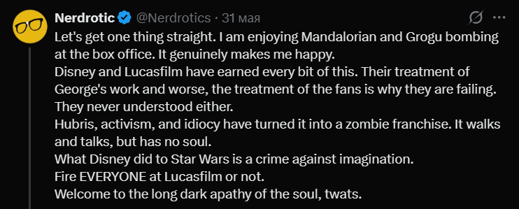 InfinitRealms17's tweet photo. I'm not a Nerdrotic fan but I also don't shut him out cause "not exactly alike", but I see this and ask "OK what part of this is false" Star Wars is failing, Lucasfilm did everything mentioned, is it being miserable or being honest. https://t.co/72CB7buP4l