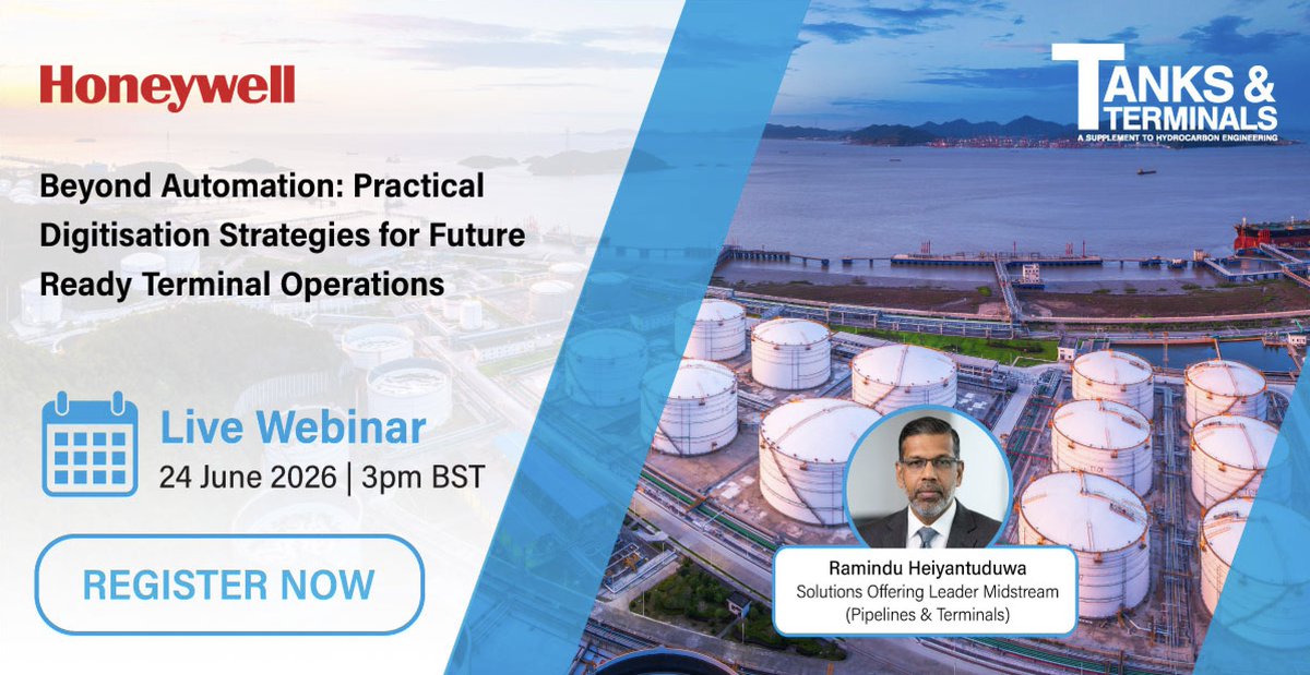 TanksTerminals's tweet photo. Our next webinar with @honeywell explores practical digitisation strategies for future‑ready terminal operations: https://t.co/ecUpOUaw2r

Ramindu Heiyantuduwa, Solutions Offering Leader Midstream (Pipelines & Terminals), will explore where the most practical and highest-value digitisation opportunities exist for terminal operators.

Attendees can expect a practical discussion on modernisation entry points, brownfield priorities, and the business case for selective digitisation.

Reserve your free space here: https://t.co/ecUpOUaw2r