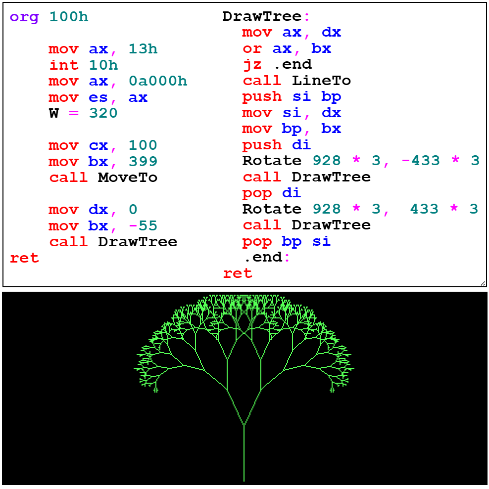 adrian_h_x's tweet photo. Fractal Tree in Asm

https://t.co/AUgfaanmUz https://t.co/6c5ARekfYe