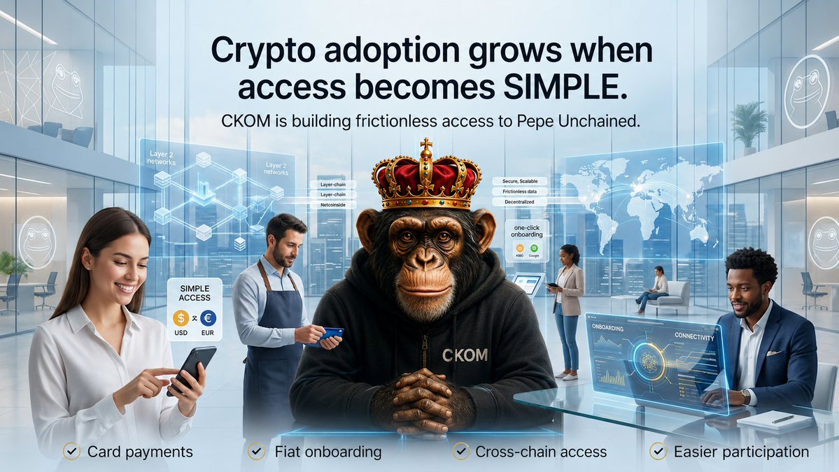 ChimpKingOfMeme's tweet photo. Crypto adoption grows when access becomes SIMPLE.
CKOM is working toward making PepeUnchained accessible through:

✅ Card payments
✅ Fiat onboarding
✅ Cross chain access
✅ Easier participation

The future should be frictionless.
#Chimpkingofmeme #Layer2 #Pepeunchained https://t.co/xZ0MaOGmMt