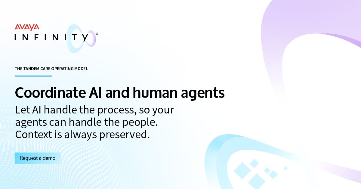 Avaya's tweet photo. AI shouldn't replace your best agents. It should make them better.

Our Tandem Care model lets AI handle complex tasks, freeing up your team to focus on empathy and judgment.

Learn how to augment your CX team: https://t.co/iVYNiJHNBH https://t.co/ESteBiuhgE