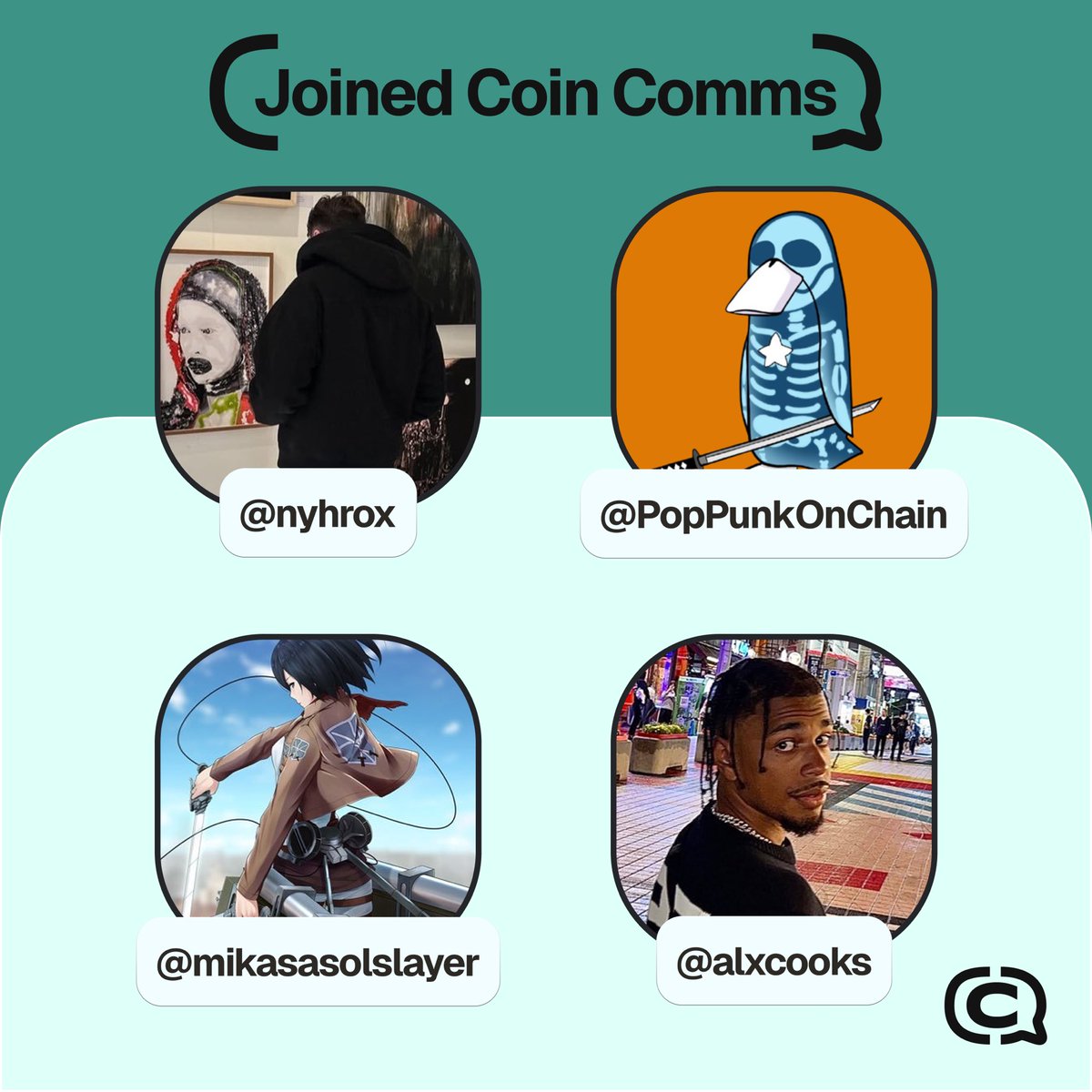 CoinComms's tweet photo. Welcome to Coin Comms @nyhrox, @PopPunkOnChain, @mikasasolslayer, @alxcooks! https://t.co/HyIdBr2tEE