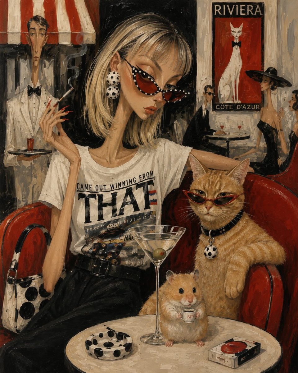 Sairah_0's tweet photo. GPT Image 2 On ChatGPT 

Prompt:

A chic fashionista and her stylish orange tabby cat sitting together in a glamorous French Riviera café, both wearing elegant red cat-eye sunglasses. The woman has a long graceful neck, blonde bob haircut, oversized polka-dot earrings, sharp red nails, and a confident, mysterious expression while holding a cigarette. The cat lounges casually in a luxurious red velvet armchair, wearing matching designer sunglasses and a fashionable collar. A small hamster sits on the café table holding a tiny espresso cup. Vintage martini glass, coffee cup, cigarette pack, and stylish accessories arranged on the table. Background features sophisticated café guests, a tuxedoed waiter, and a retro Riviera Côte d’Azur cat poster. Rich red, black, cream, and gold color palette. Whimsical luxury lifestyle atmosphere, exaggerated proportions, high-fashion editorial aesthetic, textured oil painting, visible brushstrokes, retro European café elegance, surreal character design, cinematic composition, ultra-detailed, masterpiece, storybook sophistication, warm ambient lighting, collectible art print style, 4k.

Style Keywords:
Whimsical luxury, fashion illustration, textured oil painting, editorial art, Riviera glamour, surreal elegance, anthropomorphic charm, vintage café scene, elongated proportions, sophisticated character portrait, rich painterly textures, high-detail masterpiece.