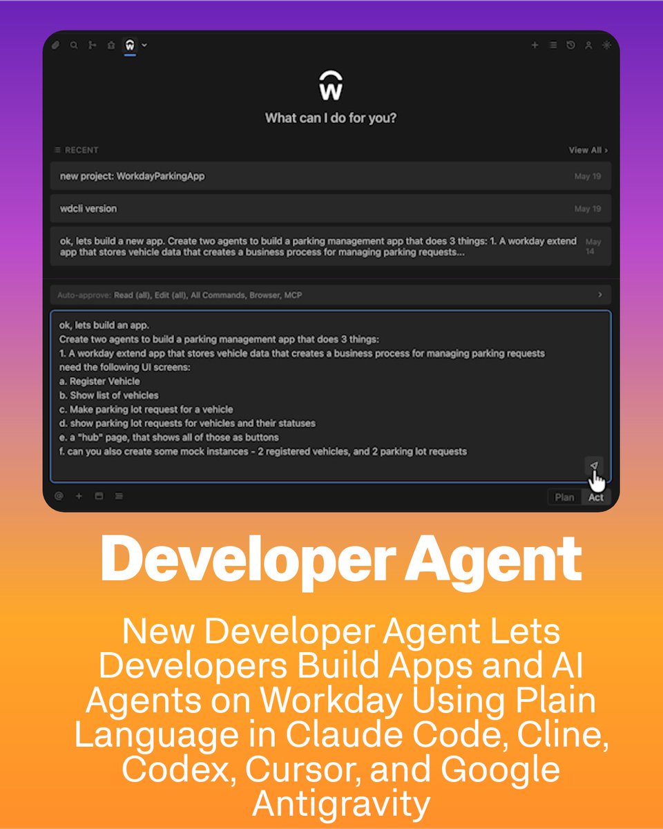 Workday's tweet photo. Announcing new capabilities in Workday Build to help developers safely scale AI. With Developer Agent and Agent-Ready Tools, developers can build secure AI agents using plain language while maintaining strict guardrails over HR &amp; finance data. https://t.co/qlXtSpOexa #WDAYDevCon https://t.co/TgEYczs78D