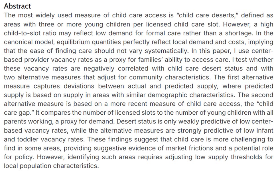 JHB_econ's tweet photo. Child care deserts are often framed as areas where there isn’t enough child care.

But are they actually the places where it is hardest to find child care?

I investigate in a new paper! https://t.co/lXdFKNBi5j