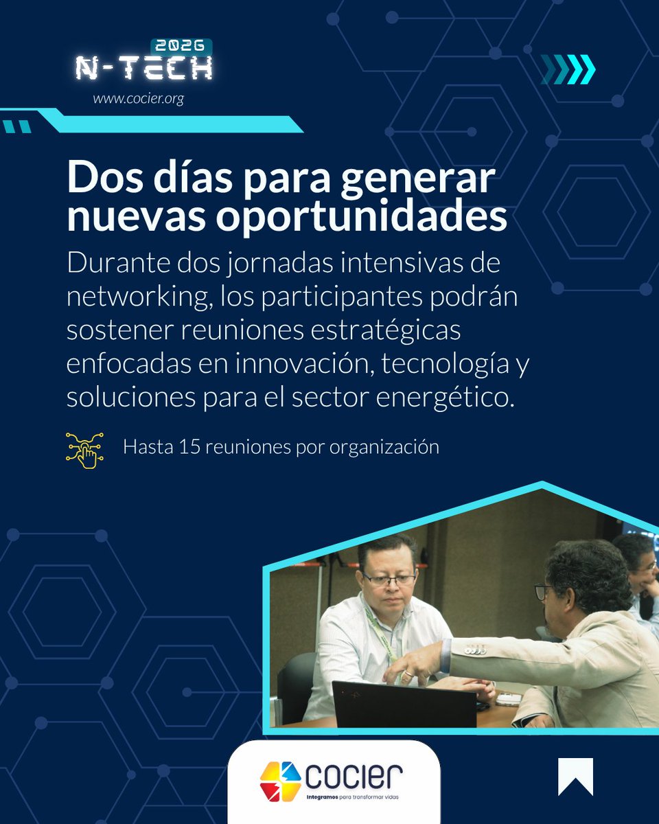 COCIER_'s tweet photo. ¿Qué pasaría si en dos días pudieras reunirte con las organizaciones que realmente te interesa conocer?

Eso es lo que hace diferente a la Rueda de Negocios de N-TECH: un espacio donde cada reunión tiene un propósito.
👉 Inscríbete: https://t.co/9i2lsEDw61 

#Innovación #Energía https://t.co/GhlWKPcGdn