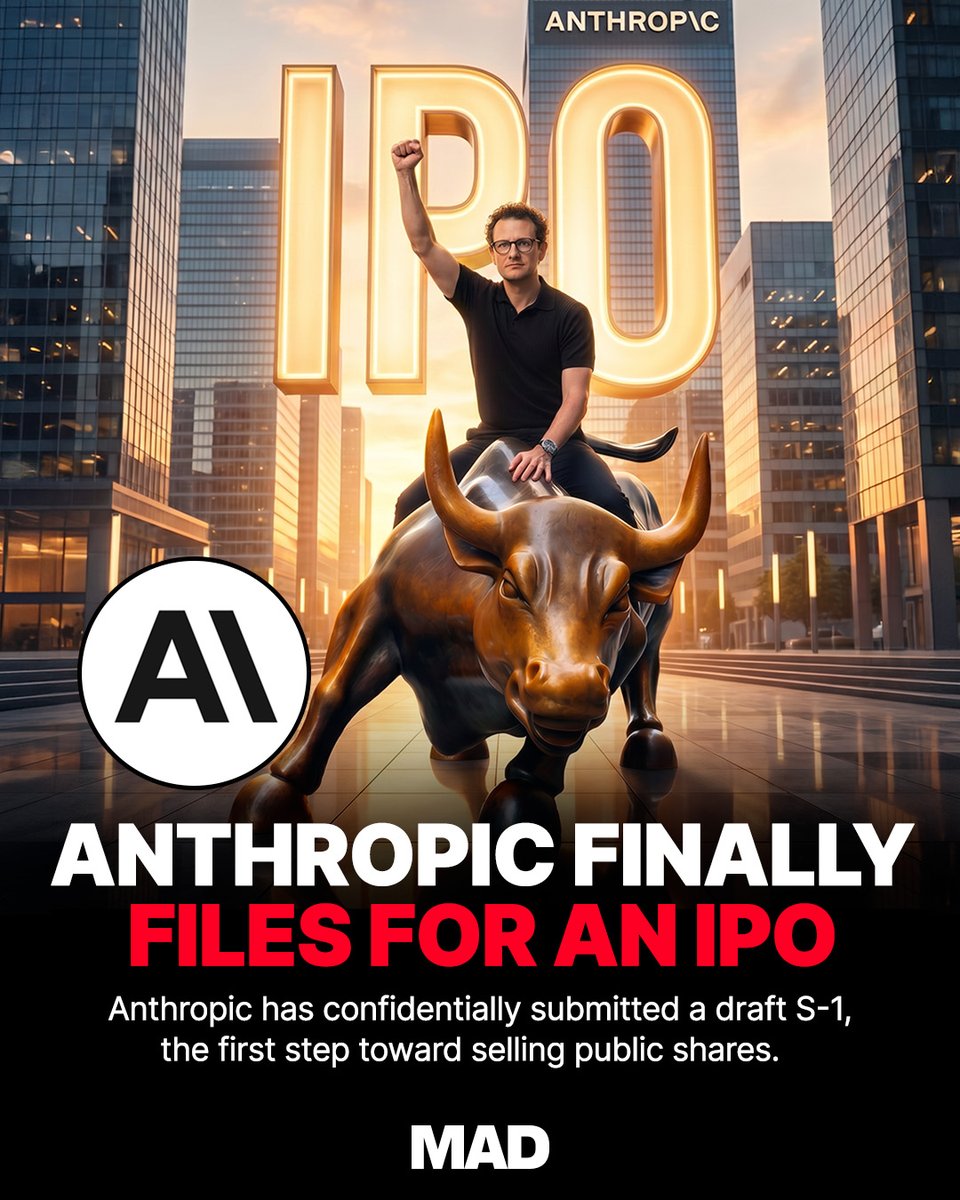 mobileappdaily's tweet photo. @AnthropicAI has confidentially filed IPO papers with the SEC, taking its first official step toward going public.

But if this IPO happens, it could become one of AI’s biggest public market tests.

#claude #anthropic https://t.co/vDt6XhQfWh
