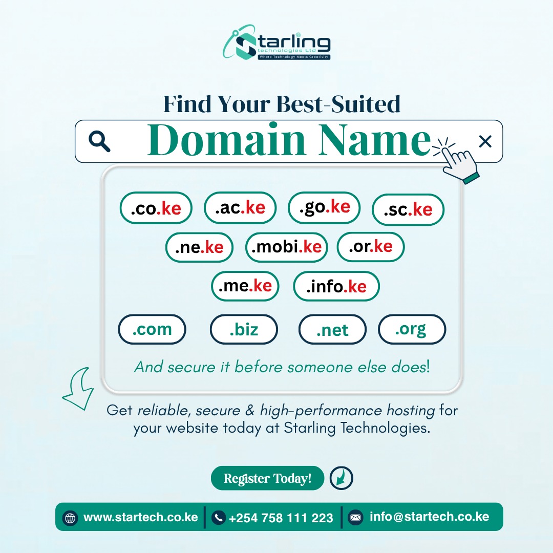 startechKE's tweet photo. Got a great idea for a business? 💡 Don't let someone else snap up your perfect domain name!

Register today! 👇
📞 +254 758 111 223
🌐 https://t.co/cPYftp5ZwY 
📧 info@startech.co.ke 
#DomainName #WebHosting #DomainRegistration #StarlingTechnologies #BrandIdentity https://t.co/IgQGnglI6X