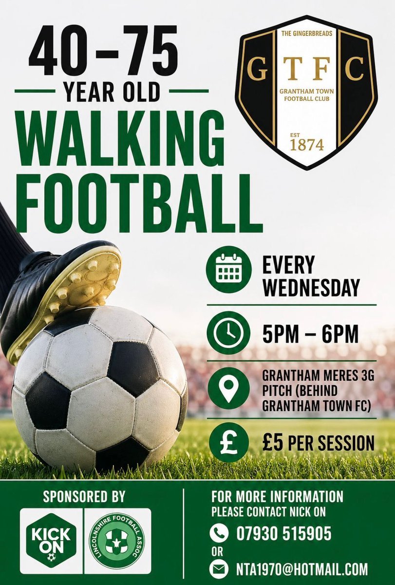 GTFCSC1997's tweet photo. It's Walking Wednesday again tomorrow, come and join us!!
𝙒𝘼𝙇𝙆𝙄𝙉𝙂 𝙁𝙊𝙊𝙏𝘽𝘼𝙇𝙇
Come and join GTFC for our over 40s Walking Football.
It starts at 5pm Wednesday at The Meres 3G. It's only £5 for an hour of exercise and fun football https://t.co/rE8eWKNdI6