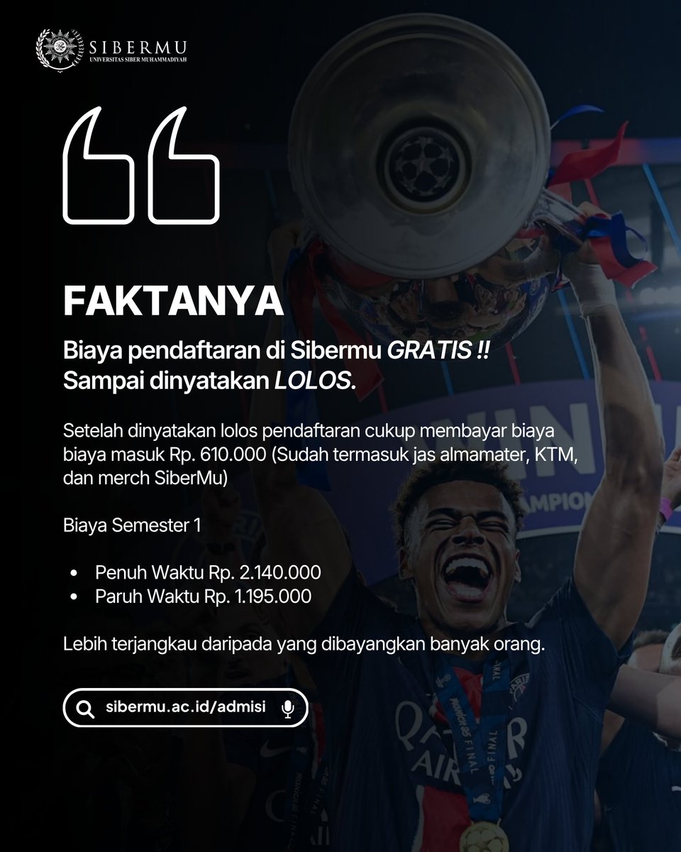 sibermu's tweet photo. Untuk SobiMu daripada menunggu Arsenal angkat trofi UCL, lebih baik angkat masa depanmu dulu bersama SiberMu. ✨
______
Informasi:
https://t.co/mXnjPHg85B

#sibermu #muhammadiyah #universitassibermuhammadiyah #kuliahfullonline #yogyakarta https://t.co/e1QzJKCPti