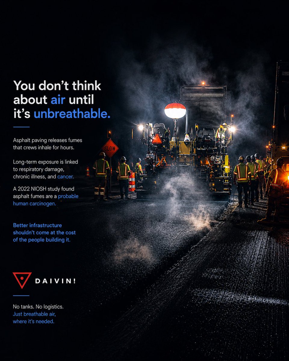 SE4LION's tweet photo. You notice bad air only when it becomes unbreathable.

Asphalt paving crews inhale fumes, VOCs, and ultrafine particles for hours every night.

Research continues to link long-term exposure to respiratory damage and cancer risk.

The future of infrastructure shouldn’t come at the cost of the lungs building it.

#asphalt #oxygen