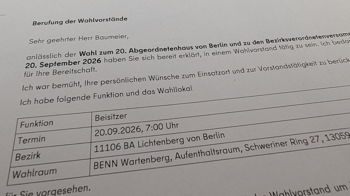 Wally44's tweet photo. Heute kam endlich der Einberufungsbescheid.
Am 20. September 2026 bin ich bei der Wahl zum Abgeordnetenhaus von Berlin und der Bezirksverordnetenversammlung wieder als Wahlhelfer im Einsatz.

Ich freu mich drauf! 😍🙏🏻

#ahw26 #bvv26 https://t.co/IOR2zuYV23