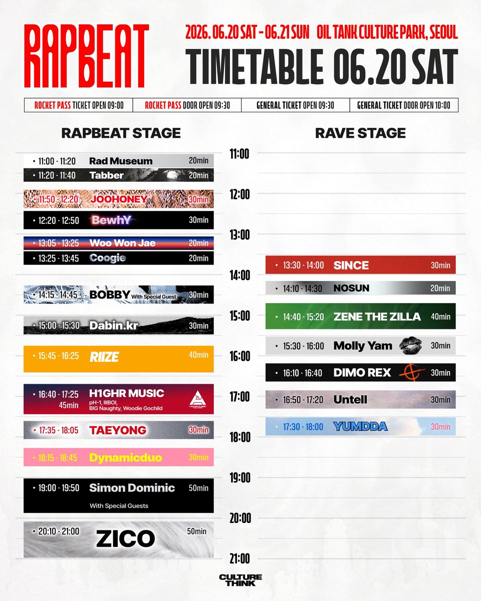 RAPBEATFESTIVAL's tweet photo. <RAPBEAT 2026> DAY 1 타임테이블 공개 🇰🇷

랩비트의 양일 타임테이블이 공개되었습니다! 

문화마당에서 펼쳐지는 'RAPBEAT STAGE'와 T2 실내 공연장에서 즐길 수 있는 'RAVE STAGE'까지, 오직 랩비트에서만 만날 수 있는 스페셜 스테이지를 기대해 주세요 👋🏻 https://t.co/ahw7OuqUId