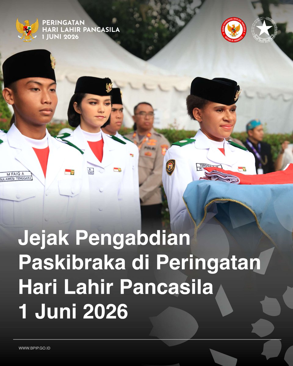 BPIPRI's tweet photo. Tugas tuntas, pengabdian berlanjut. 🇮🇩

Terima kasih Paskibraka Pusat Tahun 2025 atas dedikasi dan semangatnya pada Peringatan Hari Lahir Pancasila 1 Juni 2026. Salam Pancasila!

#PaskibrakaPusat2025 #HariLahirPancasila2026 #BPIP https://t.co/Y9PcXll8nB