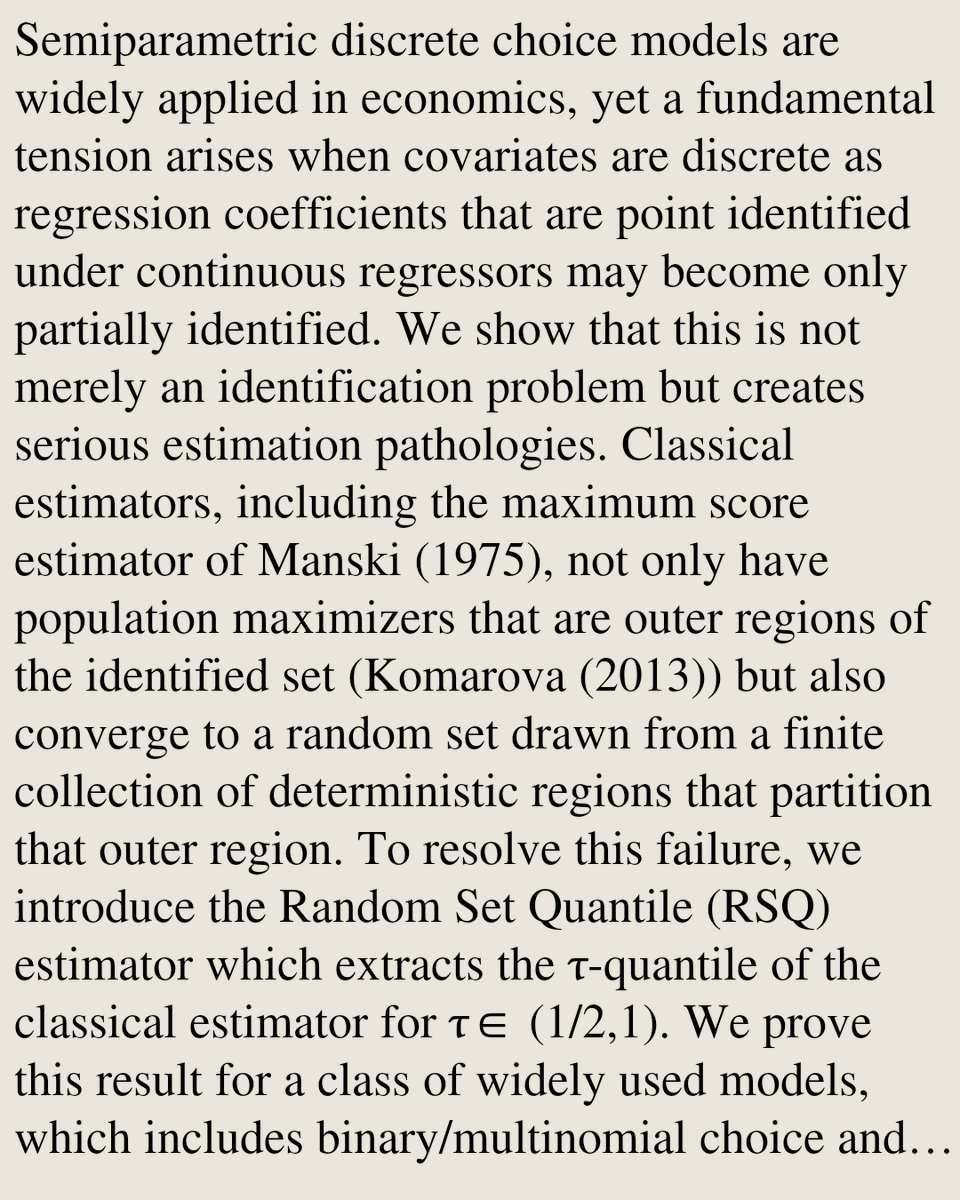 eBlogs's tweet photo. Random Set Quantile Estimation of Partially Identified Discrete Response Models

Shakeeb Khan, Tatiana Komarova, Denis Nekipelov
https://t.co/0b8fst7WIu [𝚎𝚌𝚘𝚗.𝙴𝙼] https://t.co/5aBRJvDG5L
