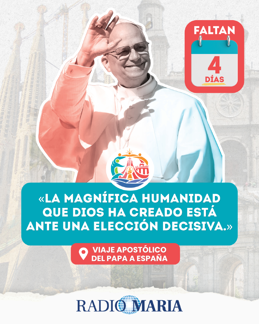 RadioMariaSpain's tweet photo. ⏳ Ya faltan solo 4 días para la llegada del Papa León XIV a España🙏

Cada vez estamos más cerca de vivir este gran acontecimiento de fe.
En Radio María seguimos preparándonos contigo con programas dedicados al Santo Padre y su visita apostólica. 📻✨

👉 Descúbrelos aquí ➡️ https://t.co/SXzC7ePMOl

#PapaEnEspaña #RadioMariaEspaña #PapaLeónXIV