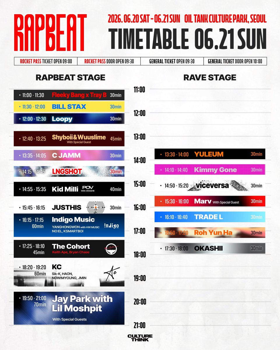 RAPBEATFESTIVAL's tweet photo. <RAPBEAT 2026> DAY 2 타임테이블 공개 🇰🇷

랩비트의 양일 타임테이블이 공개되었습니다! 

문화마당에서 펼쳐지는 'RAPBEAT STAGE'와 T2 실내 공연장에서 즐길 수 있는 'RAVE STAGE'까지, 오직 랩비트에서만 만날 수 있는 스페셜 스테이지를 기대해 주세요 👋🏻 https://t.co/ghEHRAj3Vk