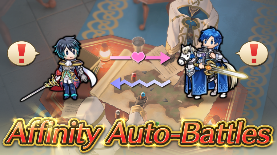 FE_Heroes_EN's tweet photo. Affinity Auto-Battles is here! Check your affinity with other teams and go on missions together! Earn rewards like Orbs and Dragonflowers by playing once a day or from Cumulative Score Rewards. Bonus titles: Tokyo Mirage Sessions ♯FE Encore and Fire Emblem: Genealogy of the Holy War. #FEHeroes
