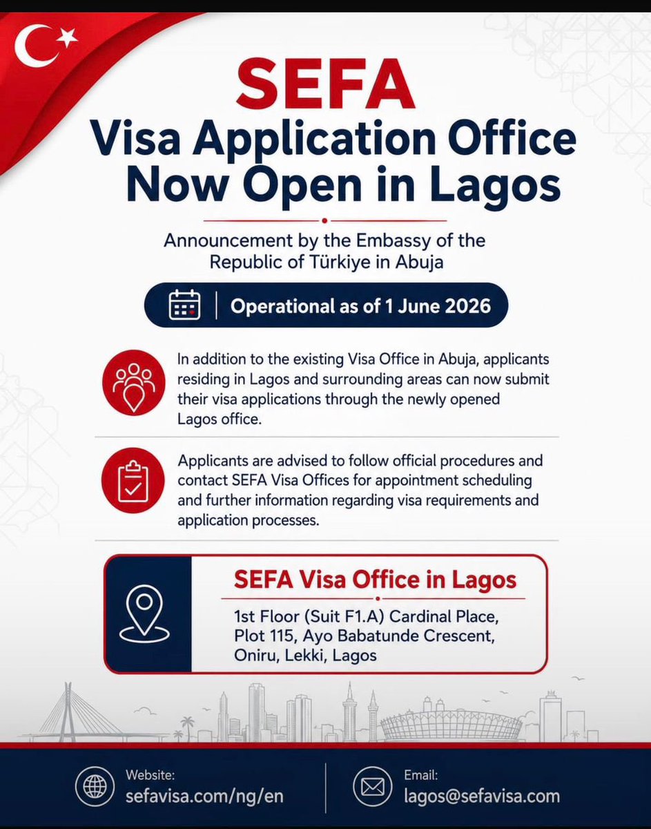 wanderlhub's tweet photo. The SEFA Visa Application Office is now open in Lagos, making visa applications more accessible for residents of Lagos and surrounding areas. Applicants can now conveniently submit their Türkiye visa applications without traveling to Abuja. Effective from June 1, 2026 https://t.co/56tLAaCbHq