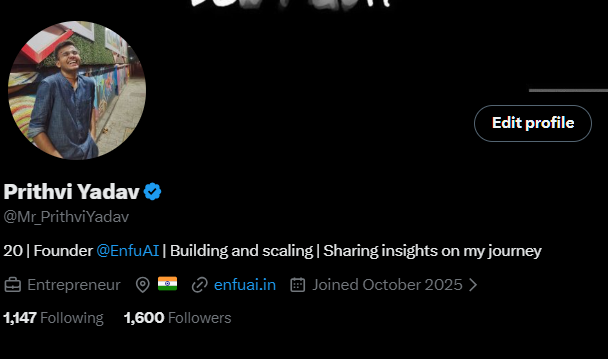 Mr_PrithviYadav's tweet photo. A small milestone for some.

A huge one for me.

1600 followers. ❤️

Slowly, this is starting to feel less like an audience and more like a family.

Some of you support every post.
Some silently watch.
Some probably scroll past everything 😭
And that's okay.
One thing I've noticed on social media:

People love success stories, revenue screenshots, luxury lifestyles, and "I made it" posts.

But the people showing up every day, building quietly, sharing the boring journey?

They often get ignored.

Maybe I'm wrong.
Maybe it's just my observation.

Either way, I'm grateful for every single one of the 1600 people who chose to follow this journey.

We're just getting started. 🚀
