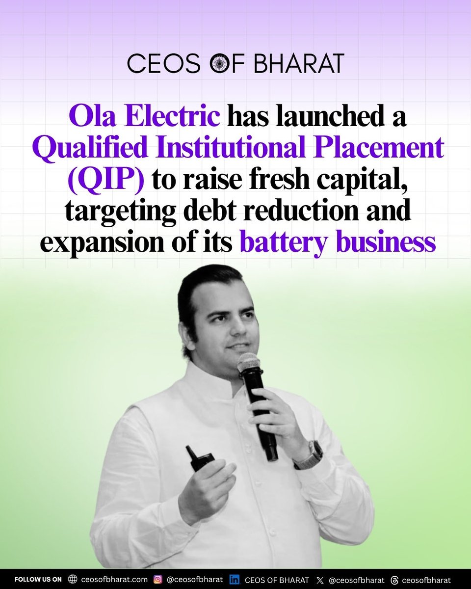 ceosofbharat's tweet photo. Ola Electric has approved a Qualified Institutional Placement (QIP) to raise funds following a difficult year marked by operational and financial challenges. The company plans to use the proceeds to reduce debt, strengthen its balance sheet. https://t.co/Q4ErZsFDGh