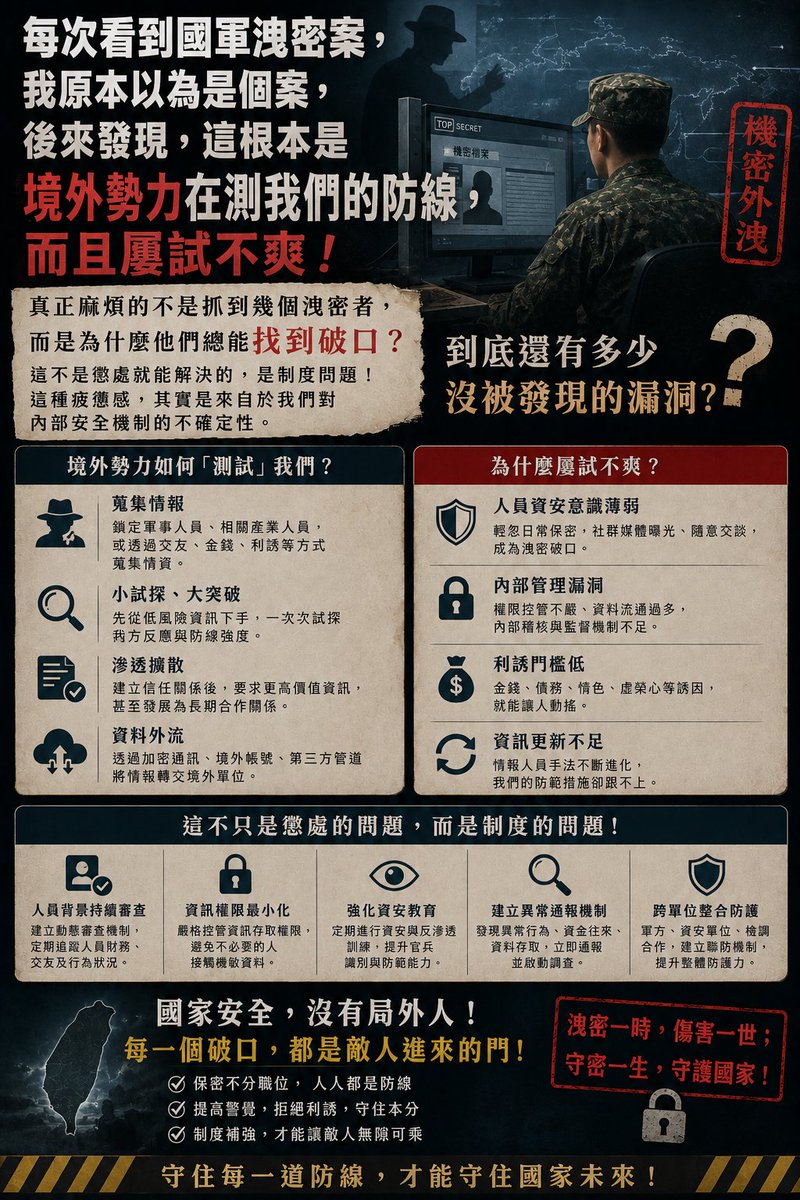 Taiwanese_ROC's tweet photo. 每次看到國軍洩密案，我原本以為是個案，後來發現，這根本是境外勢力在測我們的防線，而且屢試不爽。

真正麻煩的不是抓到幾個洩密者，而是為什麼他們總能找到破口？這不是懲處就能解決的，是制度問題。這種疲憊感，其實是來自於我們對內部安全機制的不確定性。到底還有多少沒被發現的漏洞？ https://t.co/urTDUWNFoF