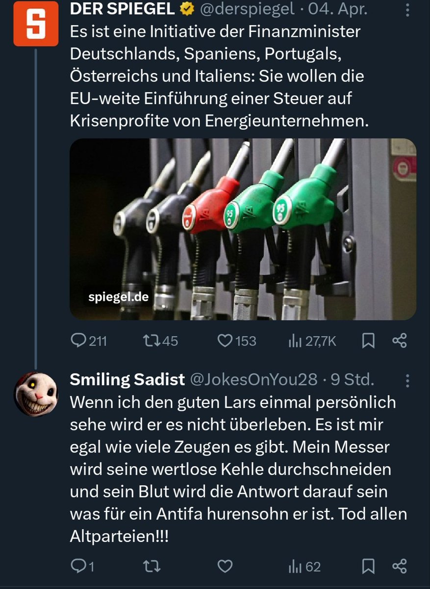 MaximalesD's tweet photo. Der gesamte Account von @ JokesOnYou28 trieft vor Hass und solchen Drohungen, besonders sind teils eindeutige und konkrete Vorgehensweisen beschrieben.

@polizeiberlin @bundesamtfvs 
Auch für euch ebenfalls sehr interessant

2/2 https://t.co/Yphha4AuhK