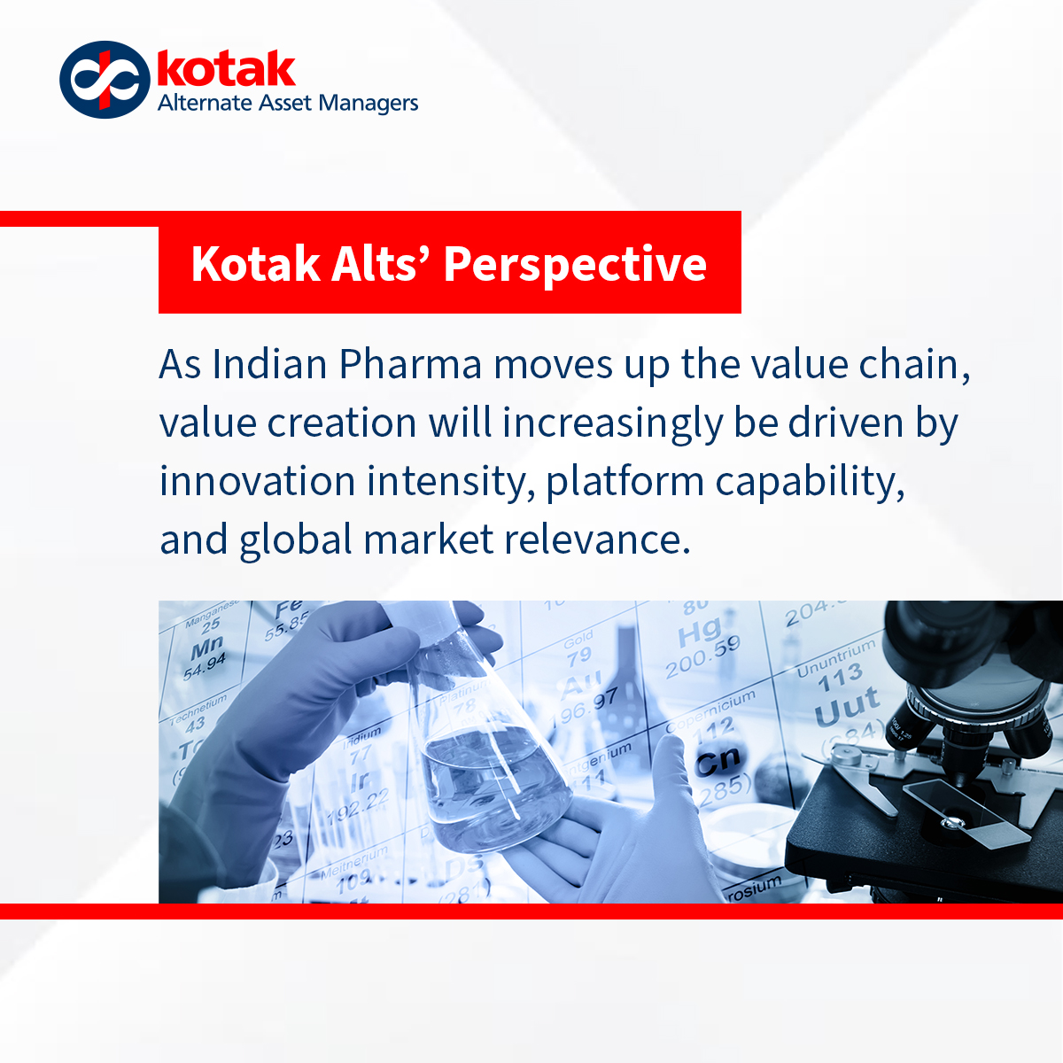 KotakAlts's tweet photo. Indian Pharma’s next growth curve will likely be defined less by volume and more by the depth of innovation.

As the sector moves up the value chain, differentiated capabilities, specialty platforms, and IP-led businesses could drive the next phase of value creation.

#KotakAlts https://t.co/BLpwKlaJUB