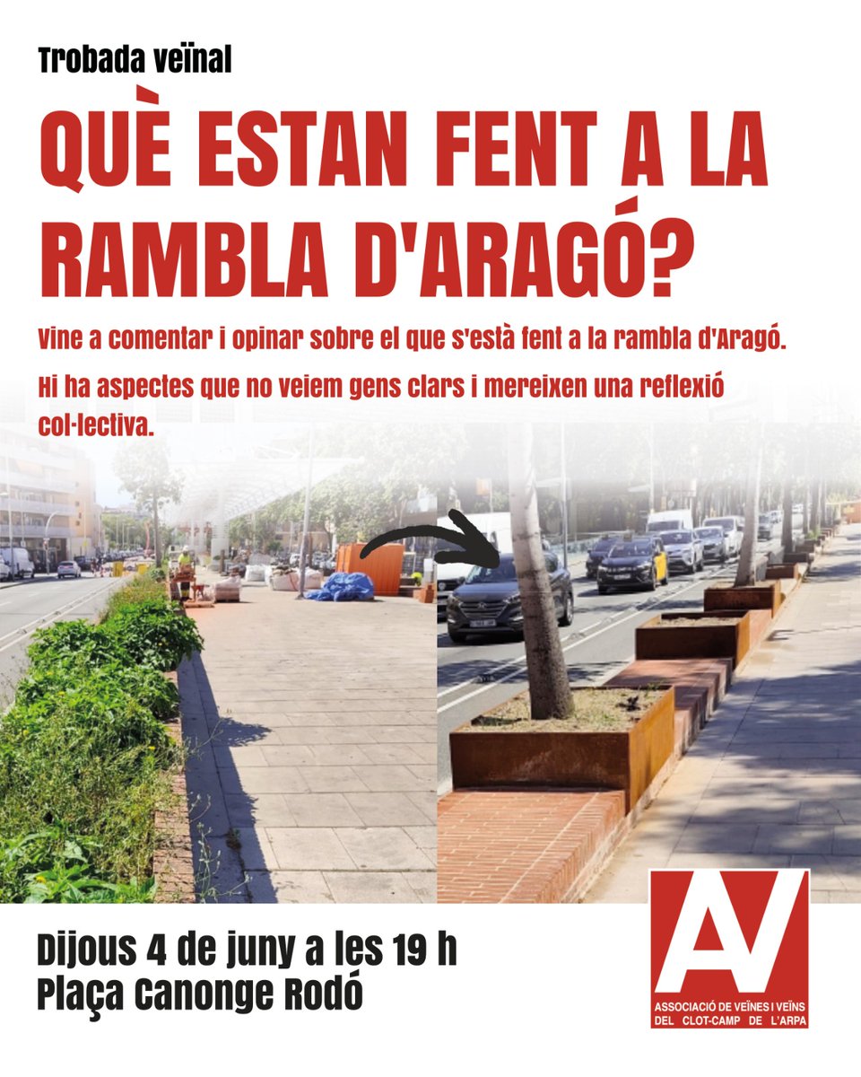 miquelcatasus's tweet photo. https://t.co/tUnhpQxGNp Si no et sembla bé que treguin verd de la Rambla d'Aragó dijous hauries de venir a aquesta trobada. https://t.co/XS0kQmHjDJ