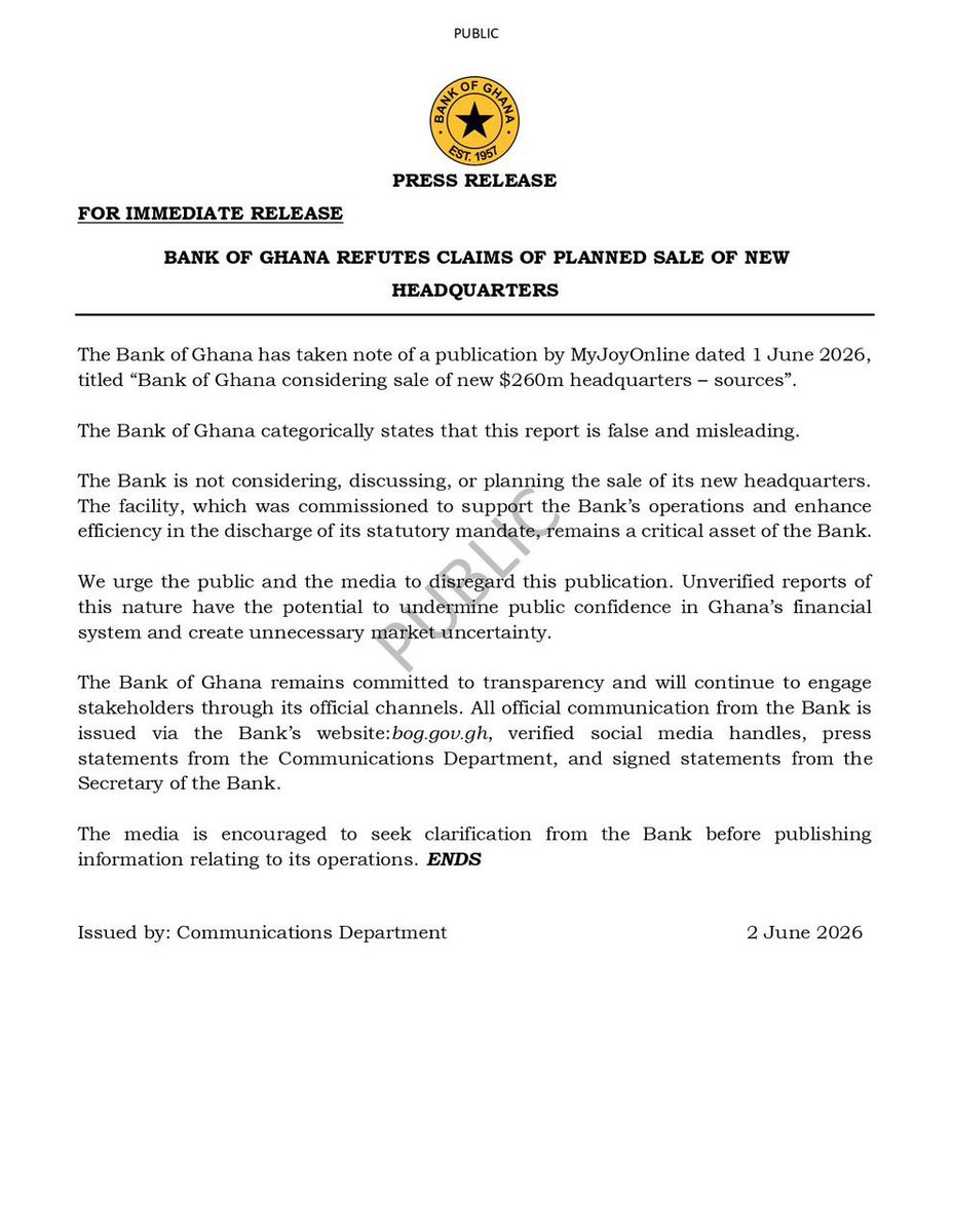 IdanBarnes's tweet photo. The Bank of Ghana firmly dismisses reports suggesting it is considering the sale of its new headquarters, describing the claims as false and misleading. https://t.co/4ThJVX3Q3K