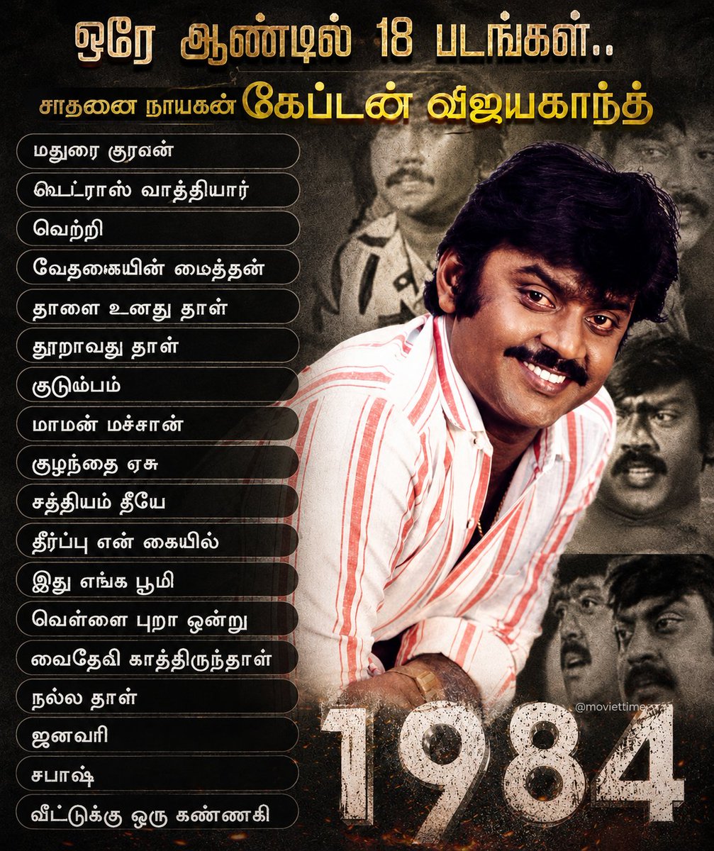 moviiettime's tweet photo. 18 films. One year. One legend. Captain Vijayakanth's incredible in  1984 🫡🔥 https://t.co/QheQ0m9oUN