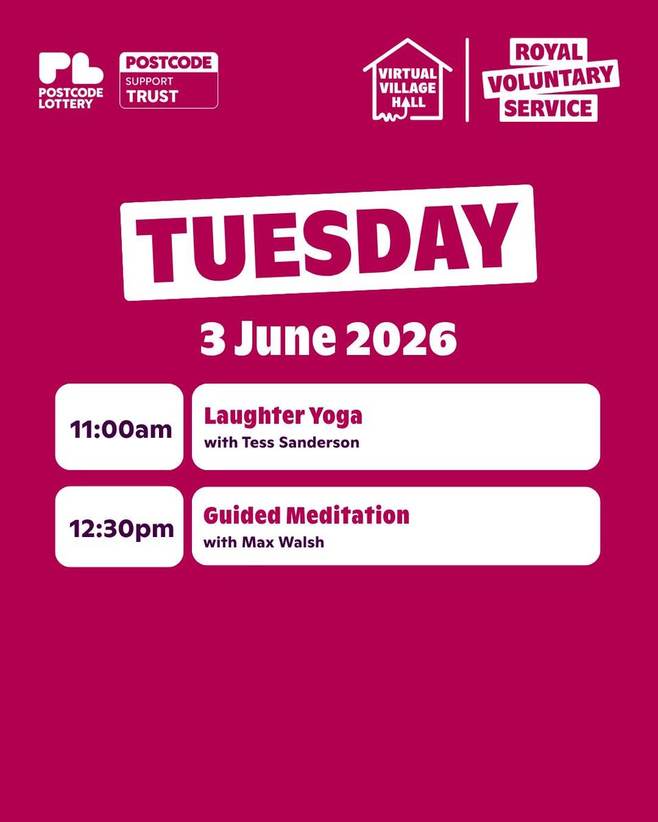 Stag_RosePPG's tweet photo. #tuesday @VirtualVillHall🙌🏼 if you can't get out, you can still JOIN IN!! #BeActive at home.
👇🏼Head to the 'Events' tab at the top of their page to join in LIVE!
All sessions are brought to you by Royal Voluntary Service🎉
https://t.co/sGNYG5dXul
#laughteryoga #meditation https://t.co/O1UZSoKgFI