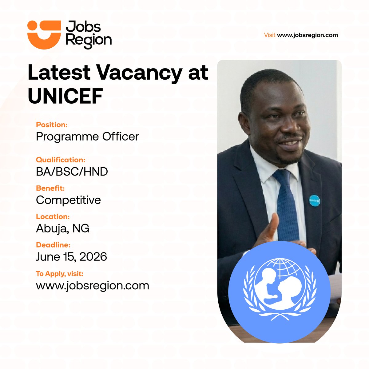 jobsregion's tweet photo. Latest Vacancy at UNICEF — United Nations International Children’s Emergency Fund

Qualification: BA/BSC/HND

Location: Abuja | Nigeria

Deadline: June 15, 2026

Click the link below to apply⤵️
https://t.co/AkQLveW3LD

Kindly retweet and share to your friends who might be interested