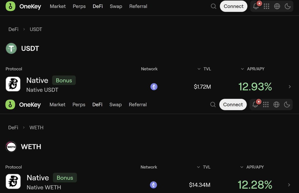 native_product's tweet photo. Enjoy a current 12%+ APY on your WETH and USDT in @OneKeyHQ!

Just days after launch, ~$1.5M in funds have already embraced the trusted yields from Professional Market Making, powered by @native_fi.

Join now through DeFi → Earn:
- USDT: https://t.co/2epFC6CVXi
- WETH: https://t.co/XjuHOIgJIR