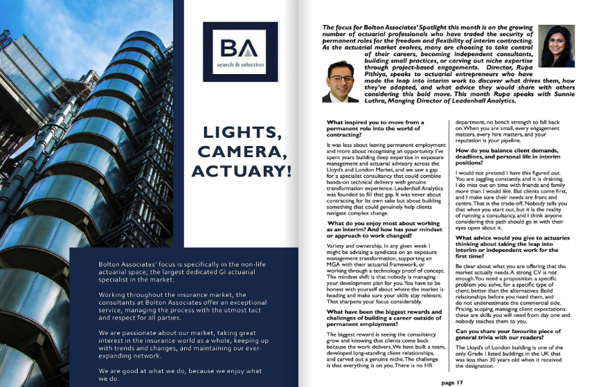 BoltonAssociate's tweet photo. Our spotlight page in the @actuarialpost magazine is focusing on the growing number of professionals who have traded their permanent role for the freedom &amp; flexibility of interim contracting. This month Rupa Pithiya speaks to Sunnie Luthra https://t.co/bat2Wesf5Z https://t.co/K9qRVOoy9q
