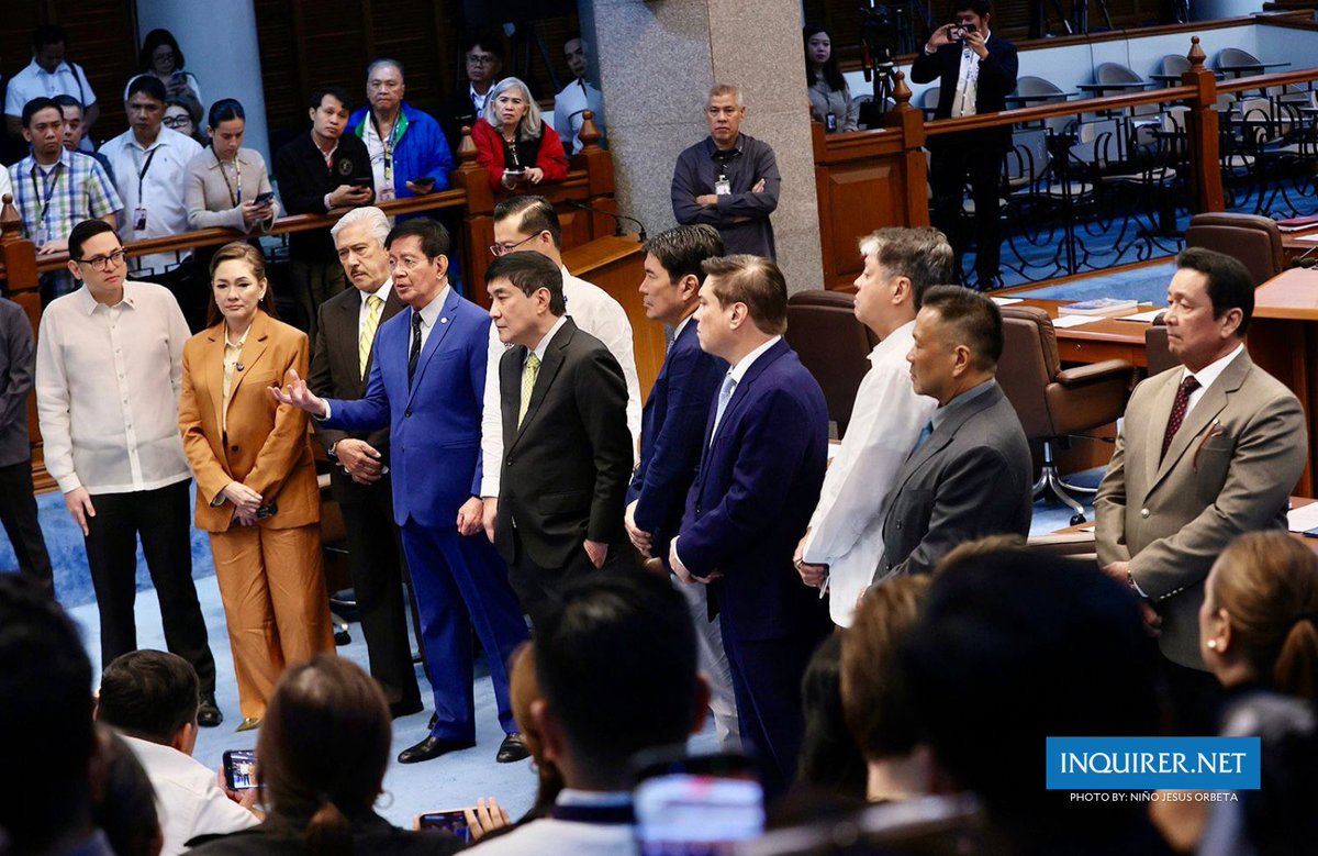 inquirerdotnet's tweet photo. LOOK: Members of the Senate minority bloc hold a joint statement at the plenary hall of Senate of the Philippines in Pasay City on June 2, 2026, calling on Senate President Allan Peter Cayetano to resign after being absent from two consecutive plenary sessions. | 📸: Niño Jesus Orbeta, Philippine Daily Inquirer

READ MORE: https://t.co/THpakNfKEX