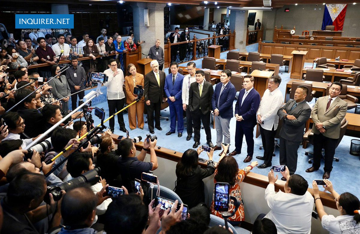 inquirerdotnet's tweet photo. LOOK: Members of the Senate minority bloc hold a joint statement at the plenary hall of Senate of the Philippines in Pasay City on June 2, 2026, calling on Senate President Allan Peter Cayetano to resign after being absent from two consecutive plenary sessions. | 📸: Niño Jesus Orbeta, Philippine Daily Inquirer

READ MORE: https://t.co/THpakNfKEX