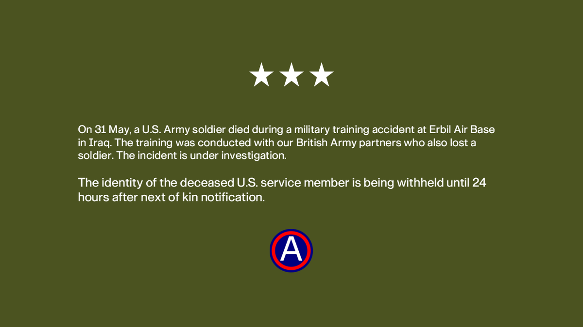 clashreport's tweet photo. A US Army soldier and a British soldier both died during a "military training accident" at Erbil Air Base in Iraq on May 31. https://t.co/zuCZ7l3e2z